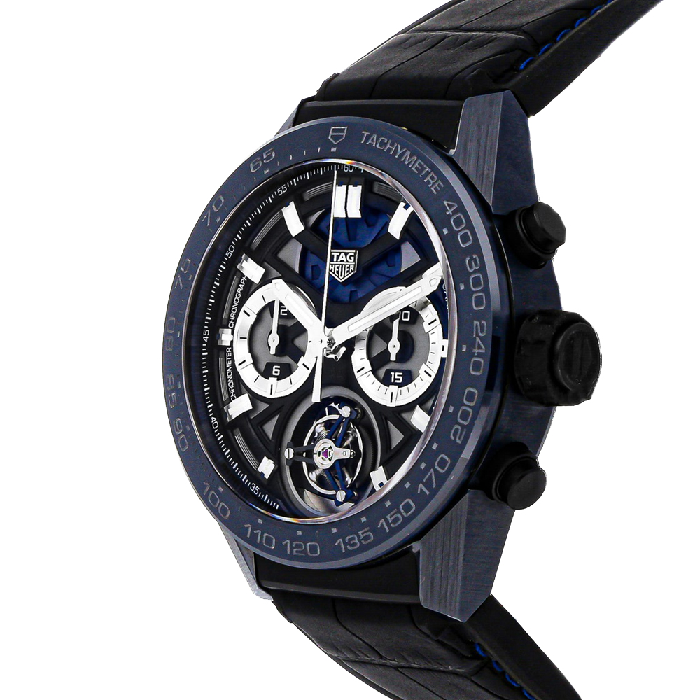 

Tag Heuer Grey Ceramic Carrera Chronograph Tourbillon "Tete de Vipere" Limited Edition CAR5A93.FC6442 Men's Wristwatch 45 MM
