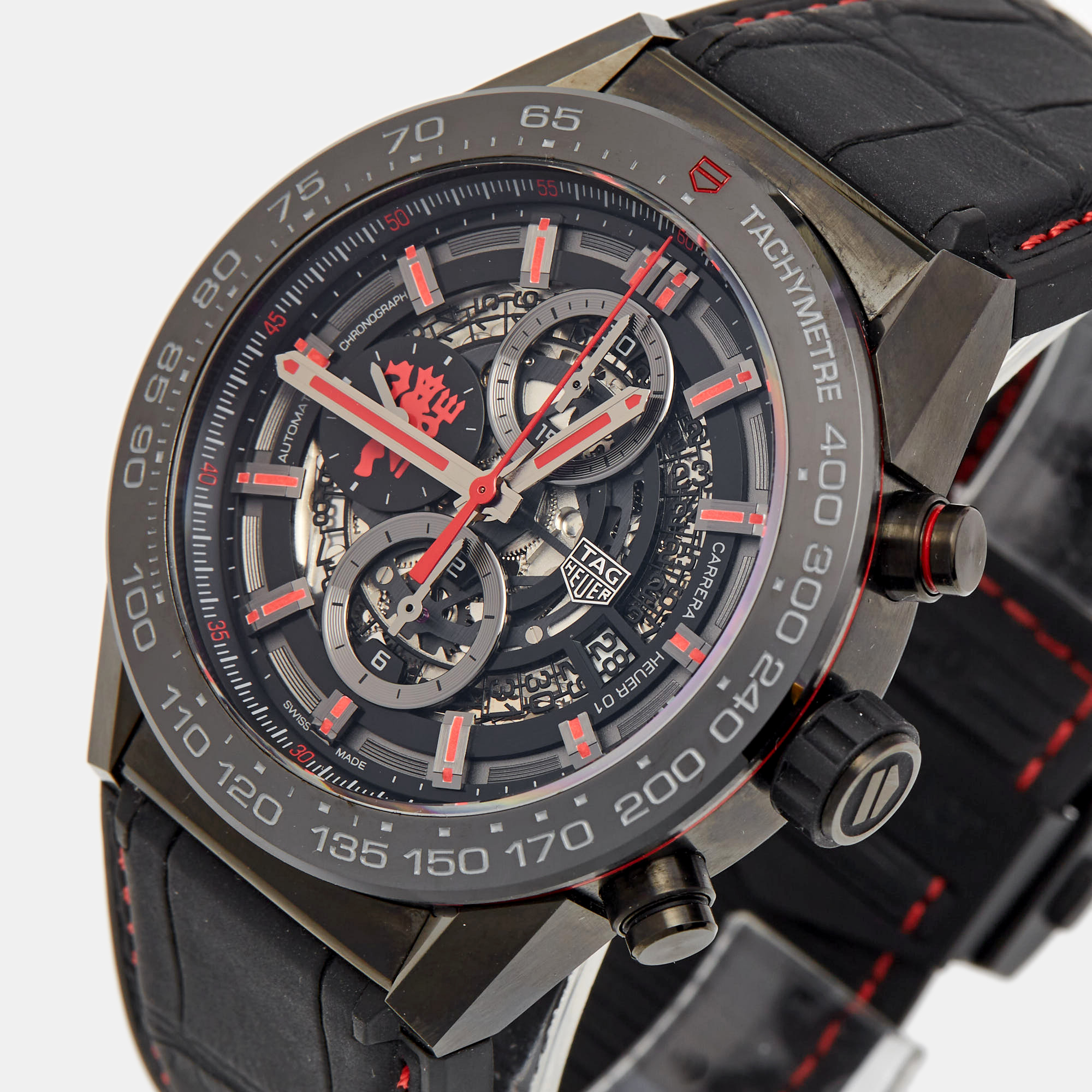 

TAG Heuer Black PVD Coated Stainless Steel Rubber Carrera Manchester United Red Devil Edition CAR2A1J Men's Wristwatch