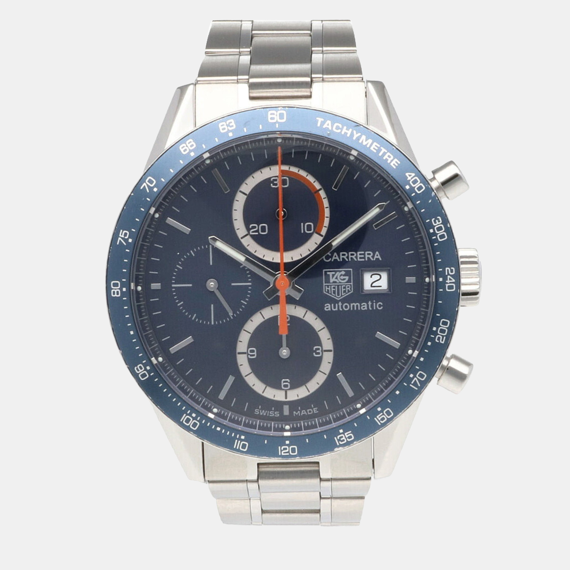 Pre-owned Tag Heuer Blue Stainless Steel Carrera Cv2015.ba0786 Automatic Men's Wristwatch 41 Mm