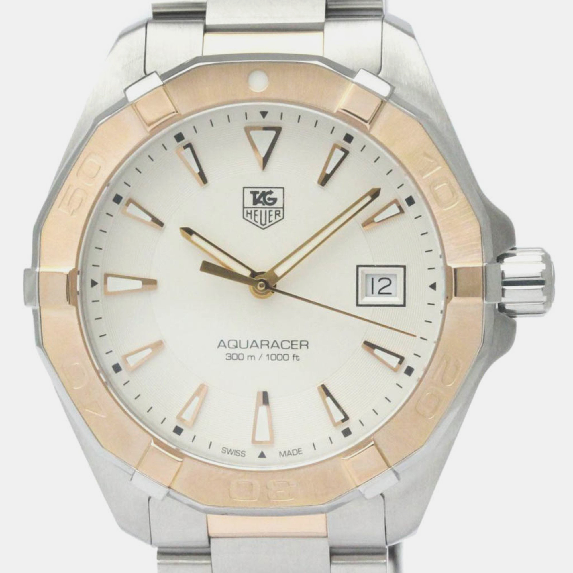Pre-owned Tag Heuer Silver 18k Rose Gold Stainless Steel Aquaracer Quartz Men's Wristwatch 41 Mm
