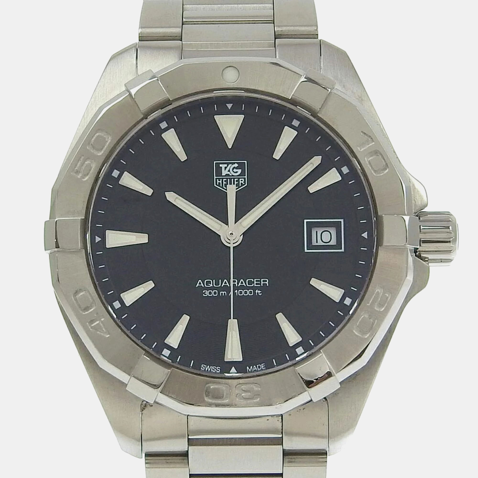 Pre-owned Tag Heuer Black Stainless Steel Aquaracer Way1110 Quartz Men's Wristwatch 42 Mm