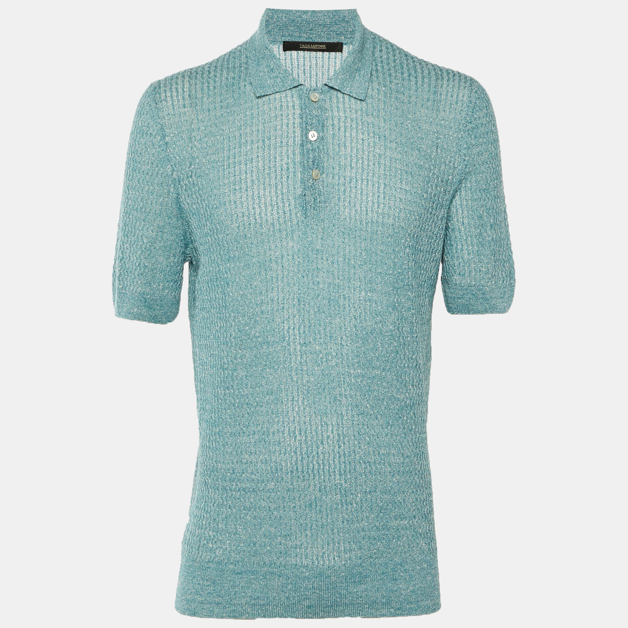 

Tagliatore Teal Blue Wavy Linen Knit Polo T-Shirt L