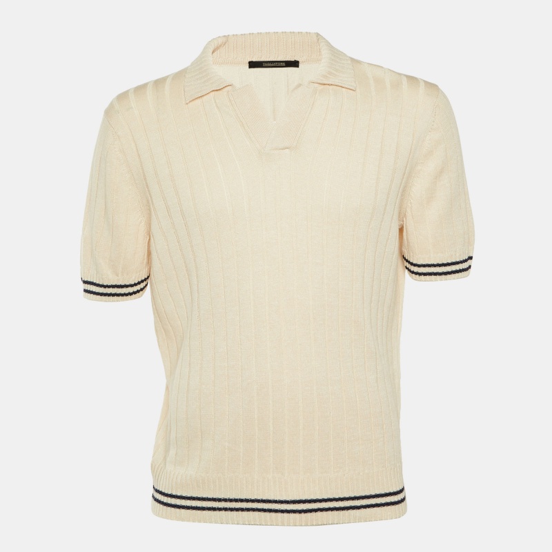 

Tagliatore Cream Linen & Cotton Rib Knit Polo T-Shirt L