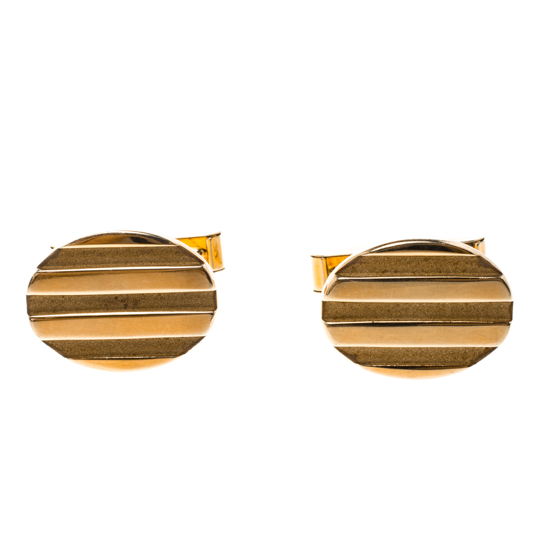 Pre Owned Tiffany & Co. Oval Stripe Textured 18k Yellow Gold Cufflinks