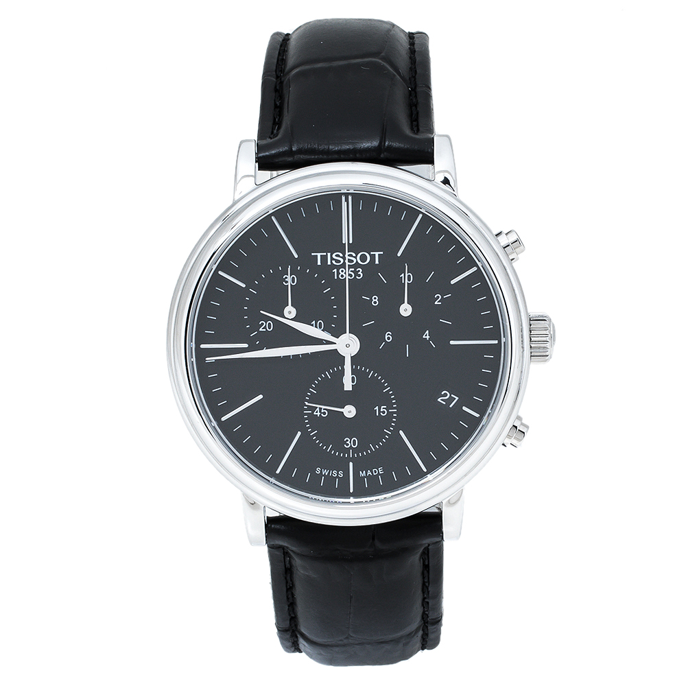 Click to view more detailed imagery on our partner's website Pre-owned Tissot Black Stainless Steel Leather Carso Premium T122417a Men's Wristwatch 41 Mm
