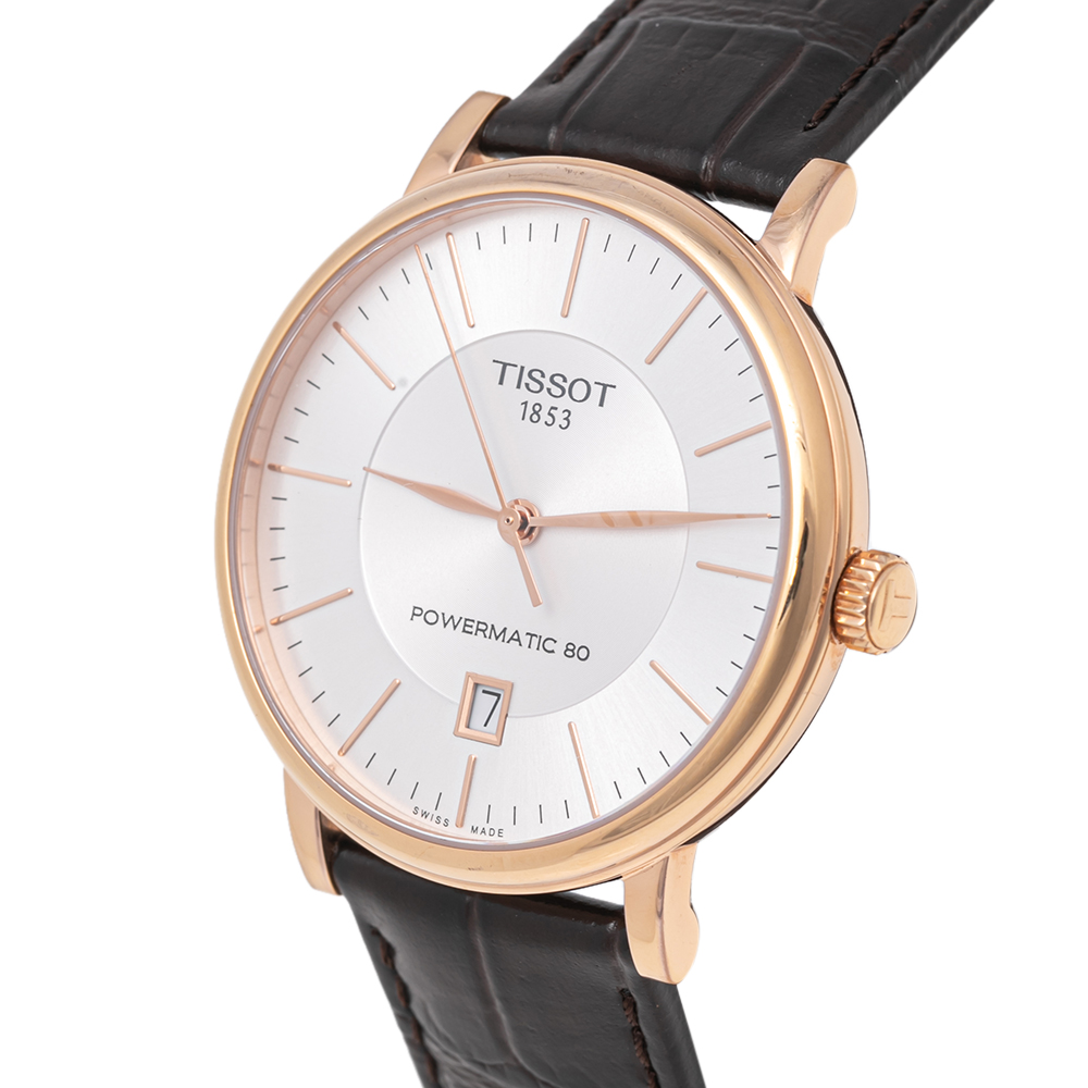 

Tissot Silver Rose Gold Plated Stainless Steel Leather Caron Premium Powermatic