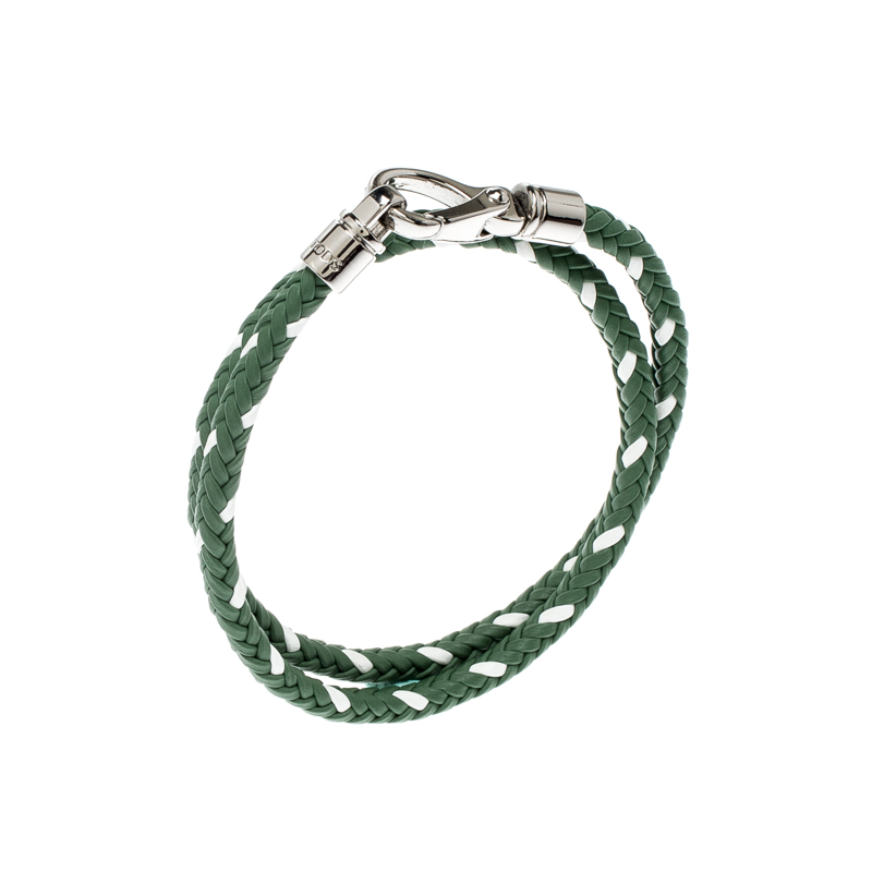 

Tod's Green Braided Leather Silver Tone Double Wrap Bracelet