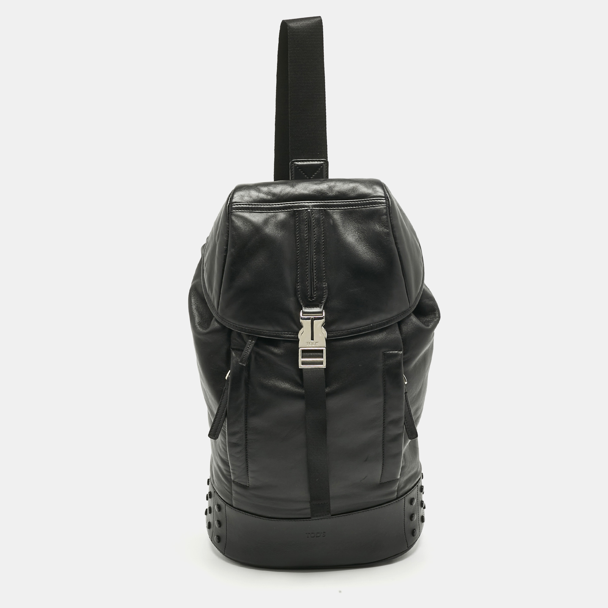Pre-owned Tod's Black Leather Drawstring Flap Backpack