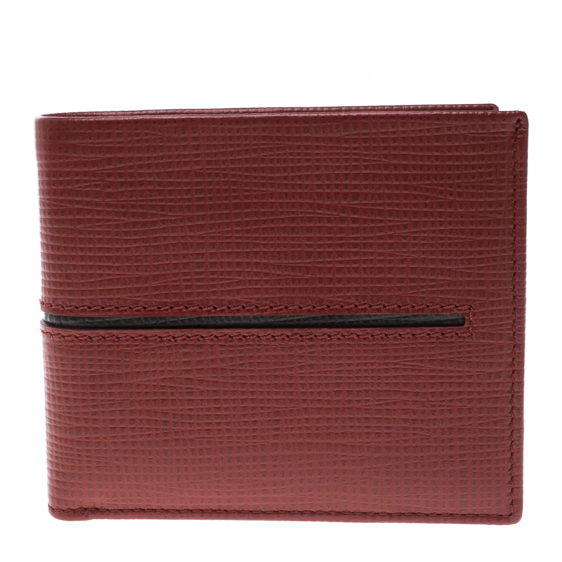 Tod's Red Leather Stripe Grey Lined Bifold Wallet