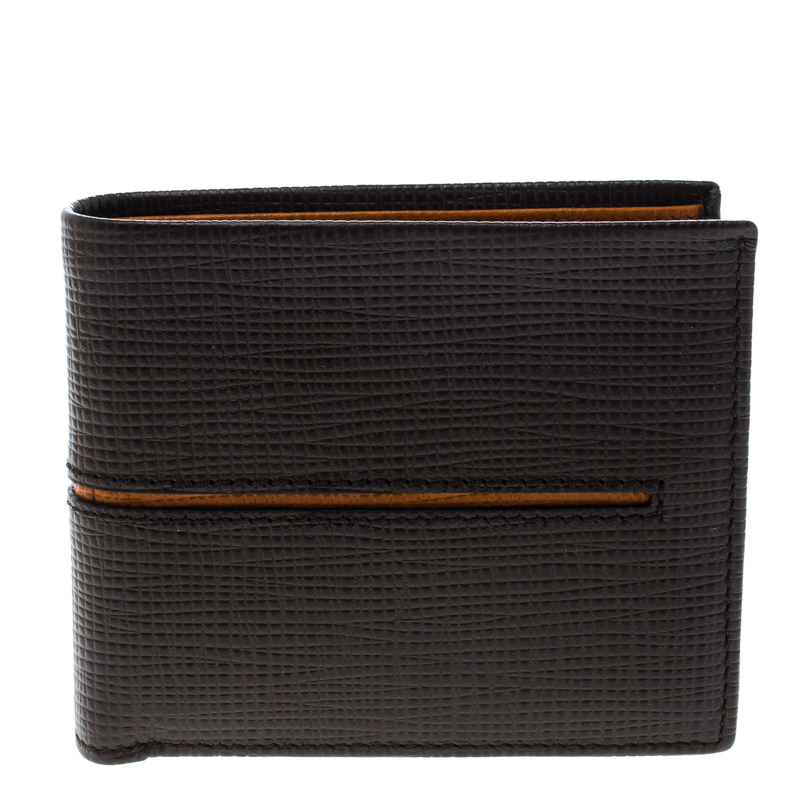 Tod's Brown Leather Stripe Orange Lined Bifold Wallet