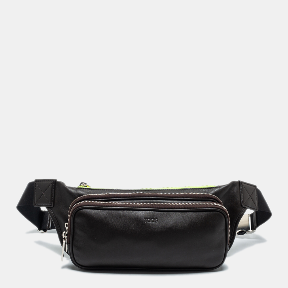 Pre-owned Tod's Dark Brown/neon Green Leather Zip Waist Belt Bag