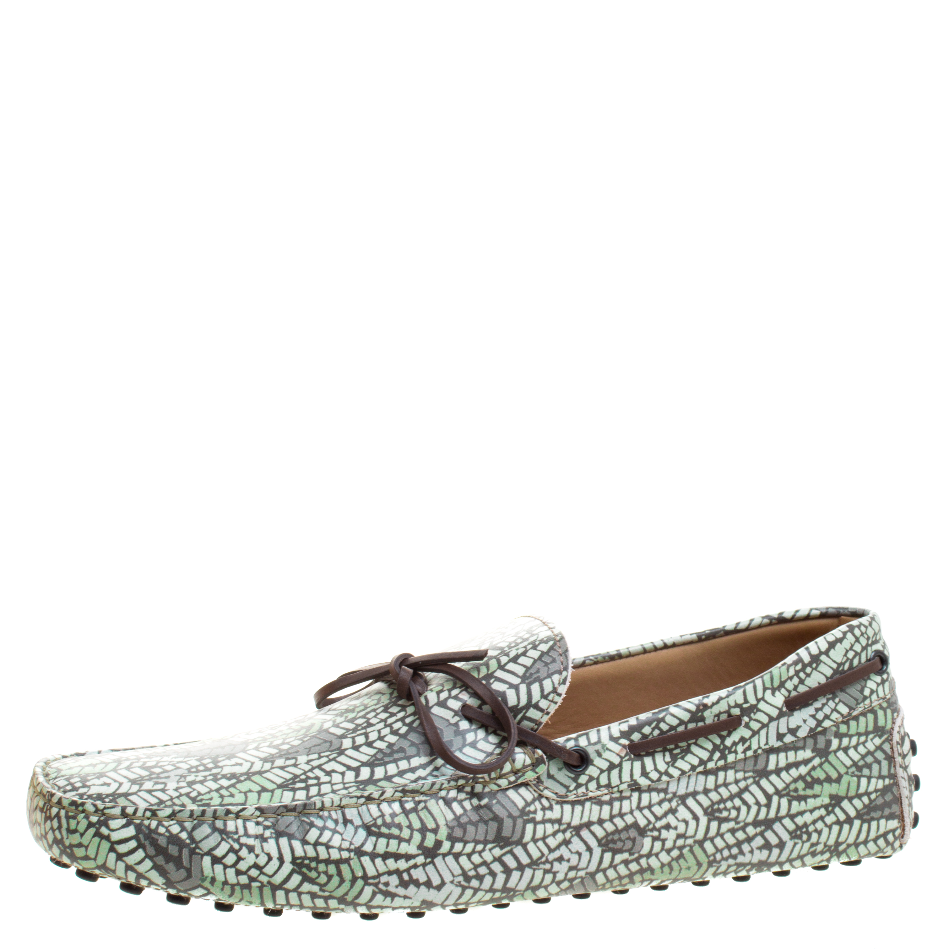Pre Owned Tod's Green Abstract Print Leather Bow Loafers Size 45.5