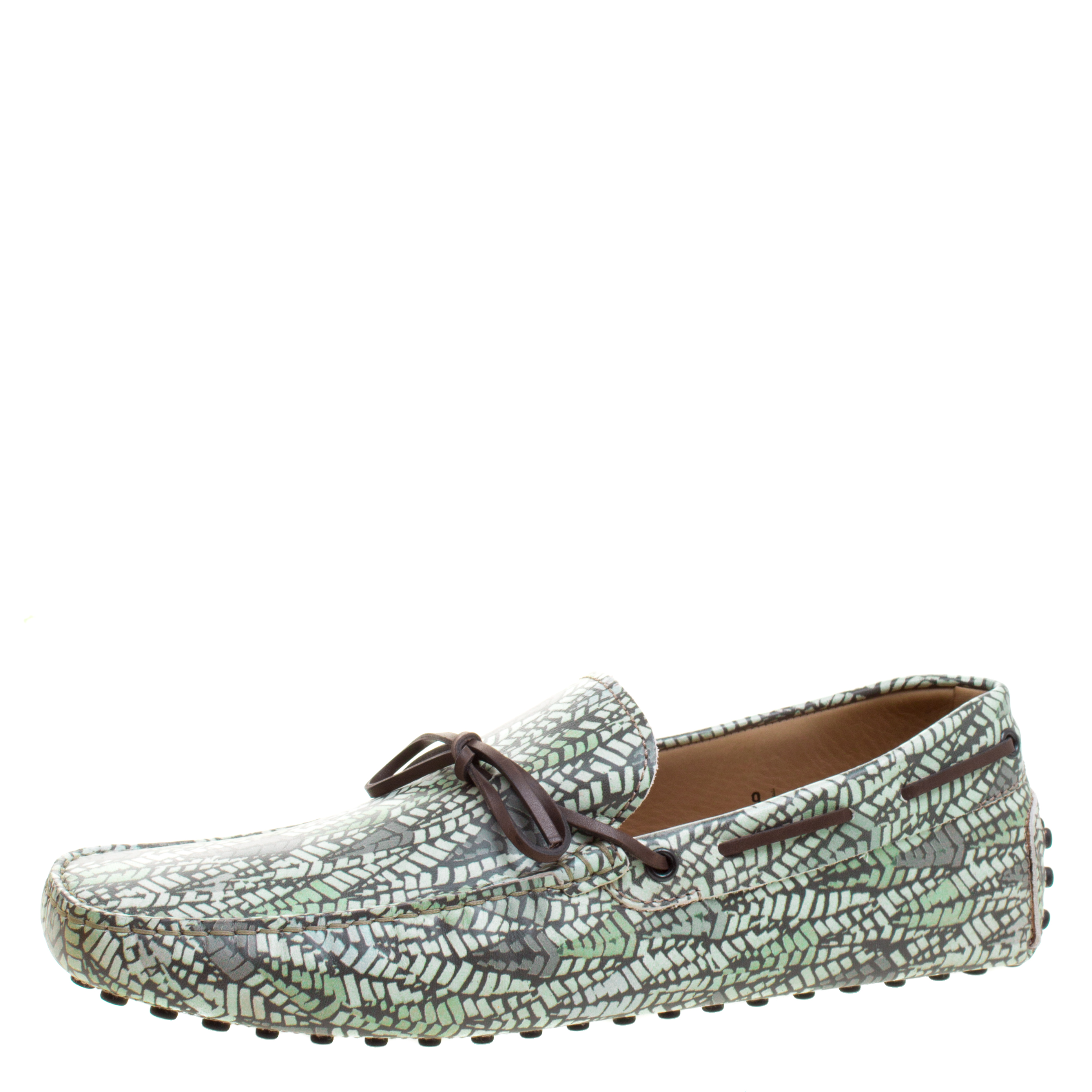 Pre Owned Tod's Green Abstract Print Leather Bow Loafers Size 43