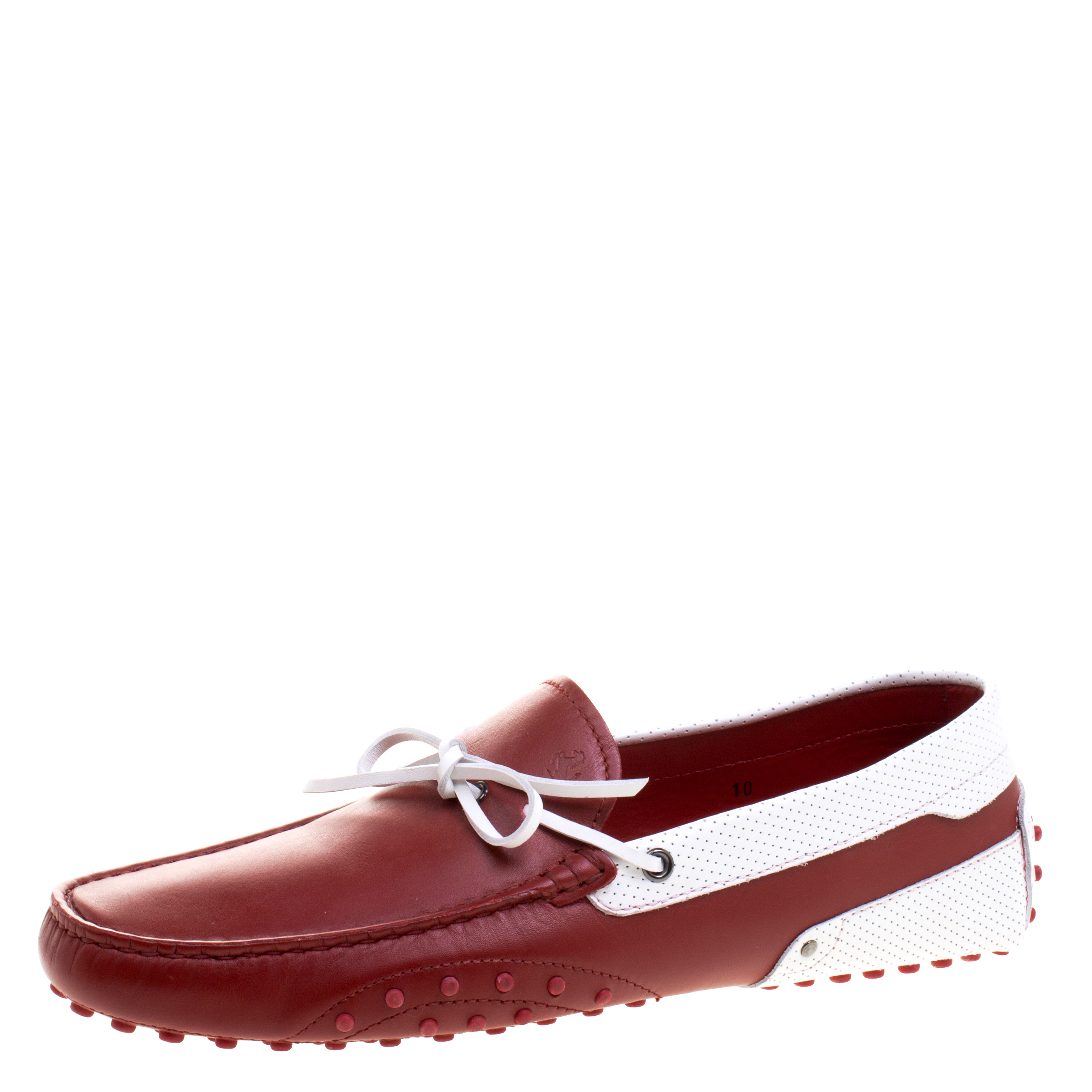 Pre Owned حذاء تودز فور فيراري جلد أحمر وأبيض بفيونكة مقاس 44.5