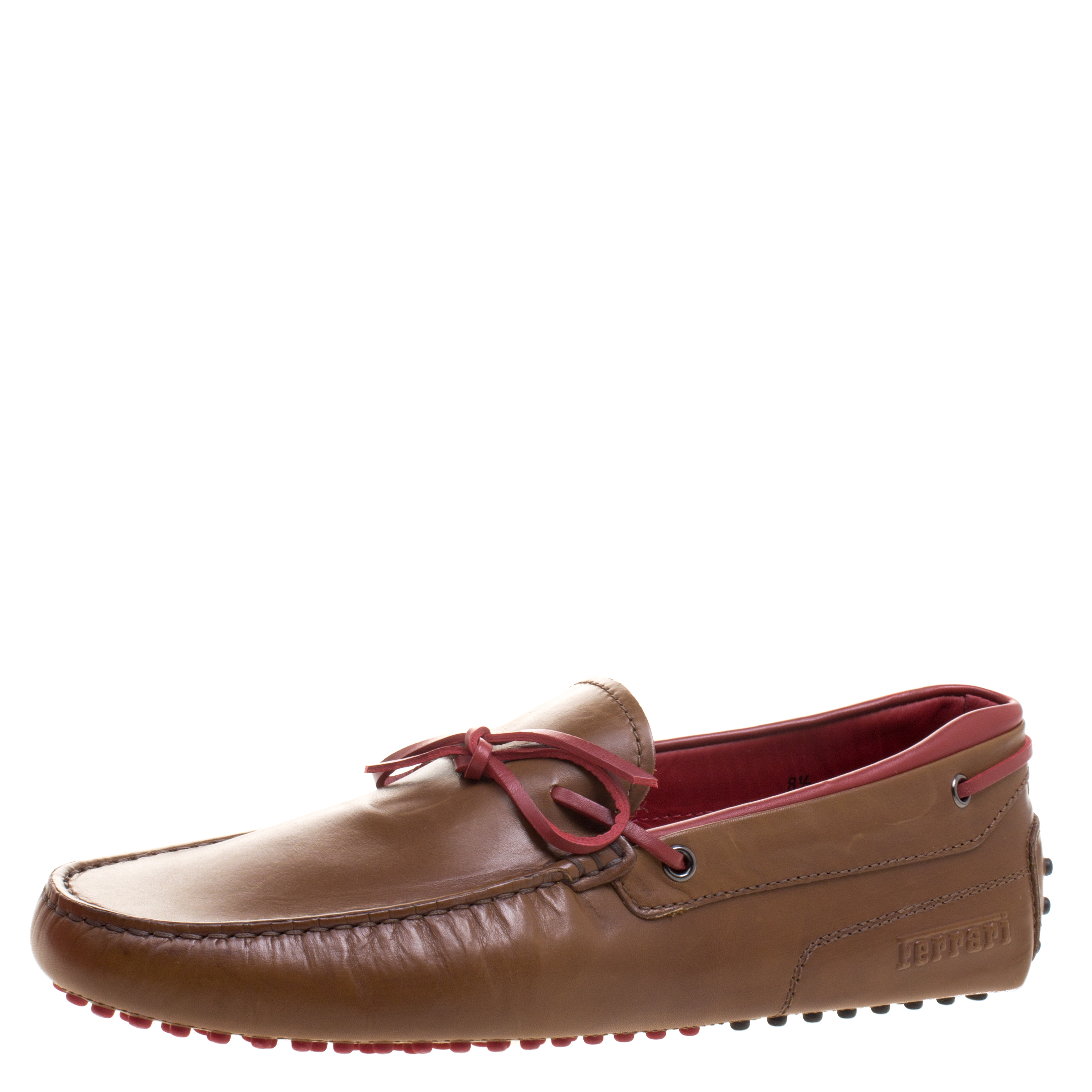 Pre Owned Tod's for Ferrari Brown and Red Leather Bow Loafers Size 42.5