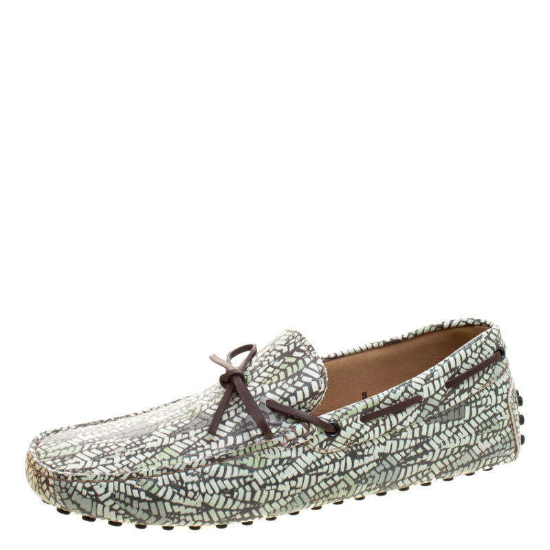 Pre Owned Tod's Green Abstract Print Leather Bow Loafers Size 42