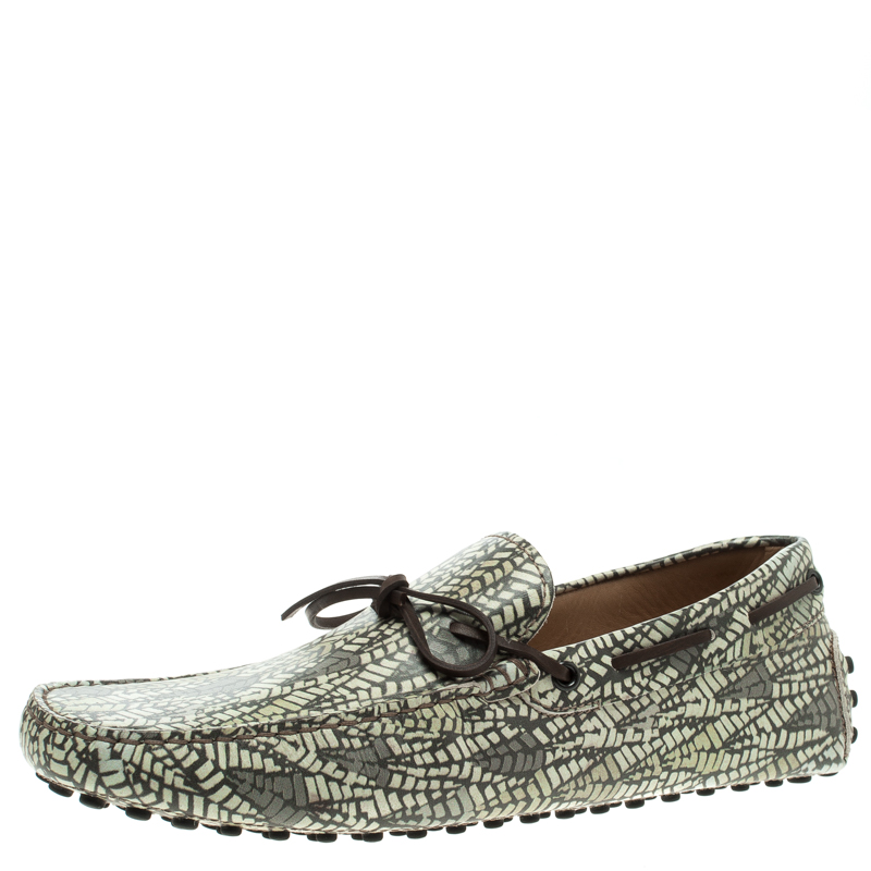 Pre Owned Tod's Green Abstract Print Leather Bow Loafers Size 42