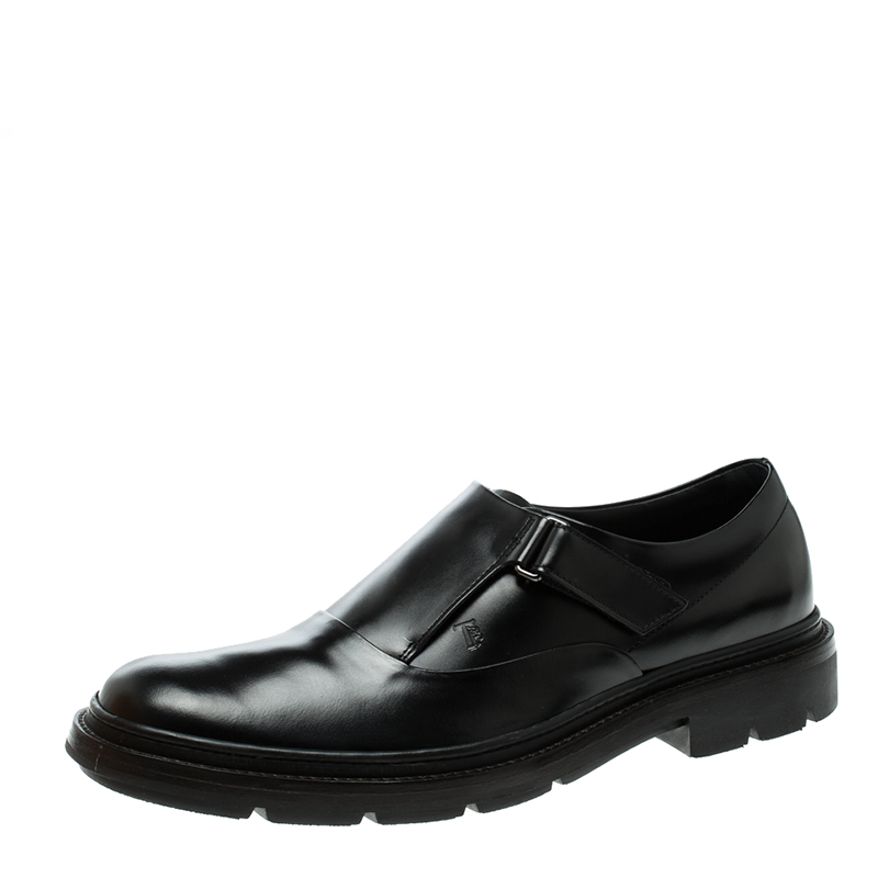 Pre Owned حذاء لورفرز تودز شريط فيلكرو خفي جلد أسود مقاس 41.5