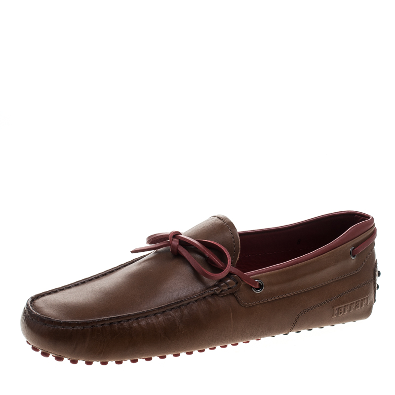 Pre Owned Tod's For Ferrari Brown Leather Bow Loafers Size 42