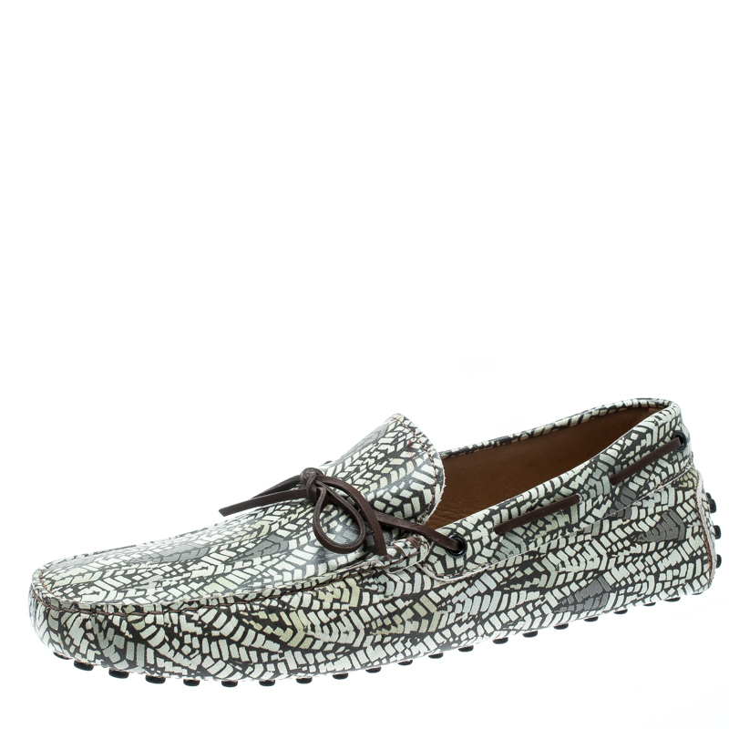 Pre Owned Tod's Green Abstract Print Leather Bow Loafers Size 42.5