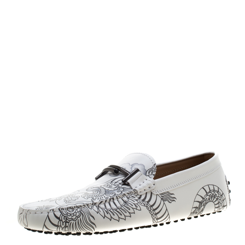 Pre Owned Tod's White Leather Dragon Print Double T Loafers Size 44.5
