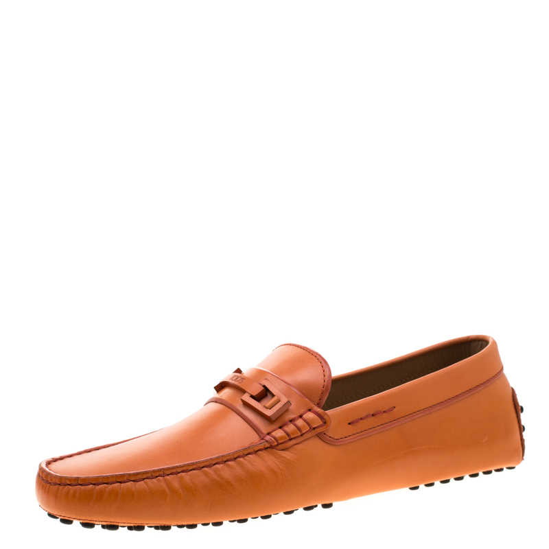 Pre Owned Tod's Orange Leather Horsebit Slip On Loafers Size 44