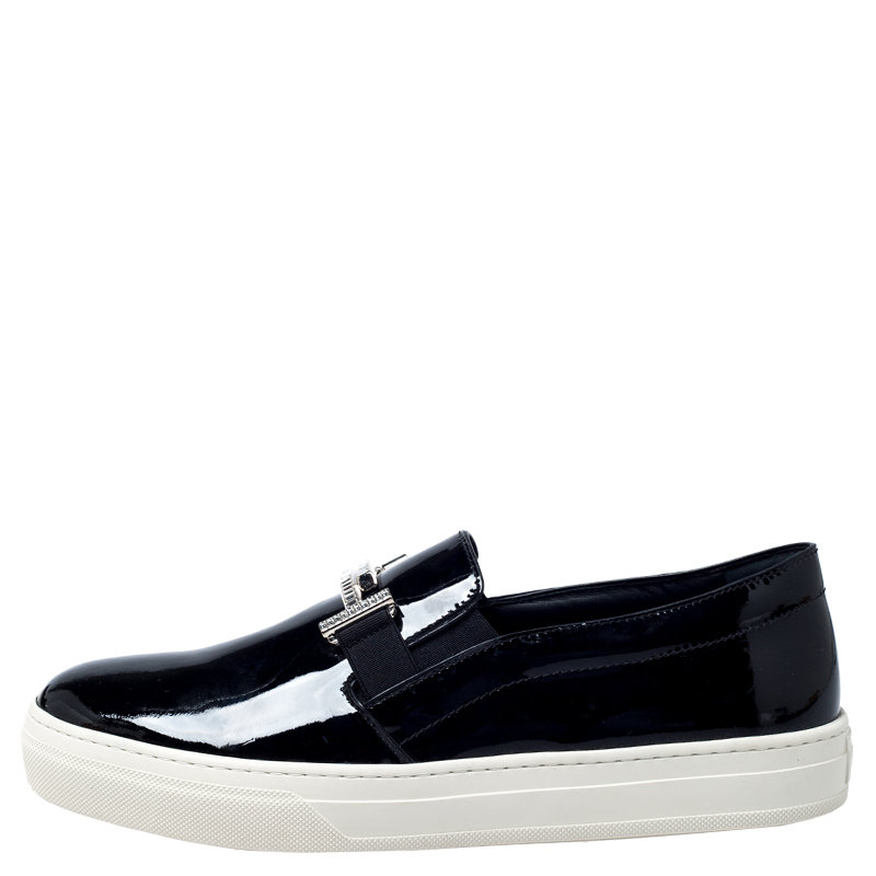 

Tod's Black Patent Leather Sportivo Maxi Crystal Double T Slip On Sneakers Size