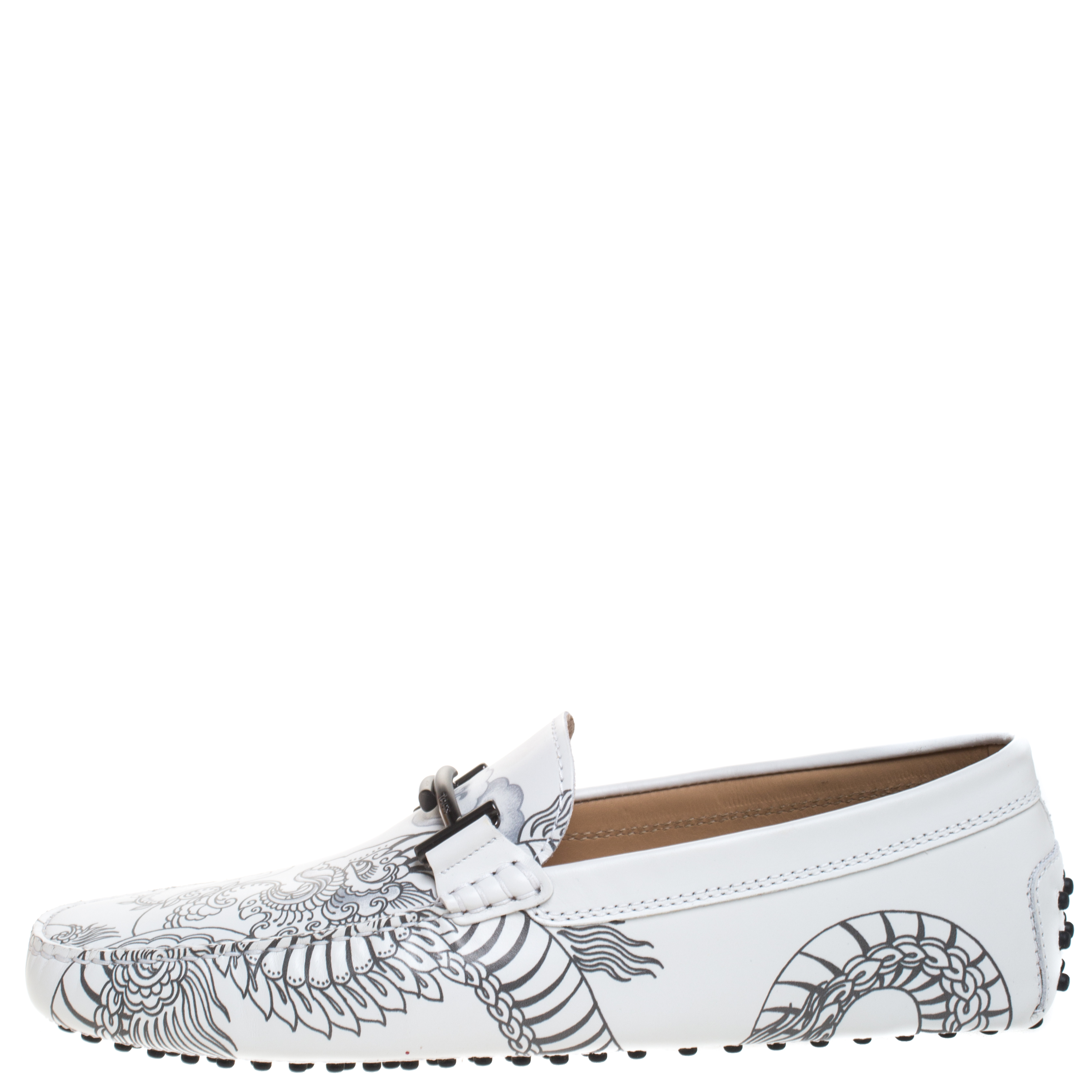 

Tod's White Leather Dragon Print Double T Loafers Size