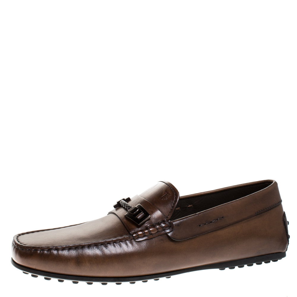Pre Owned Tod's Brown Leather Braided Horsebit Slip On Loafers Size 43