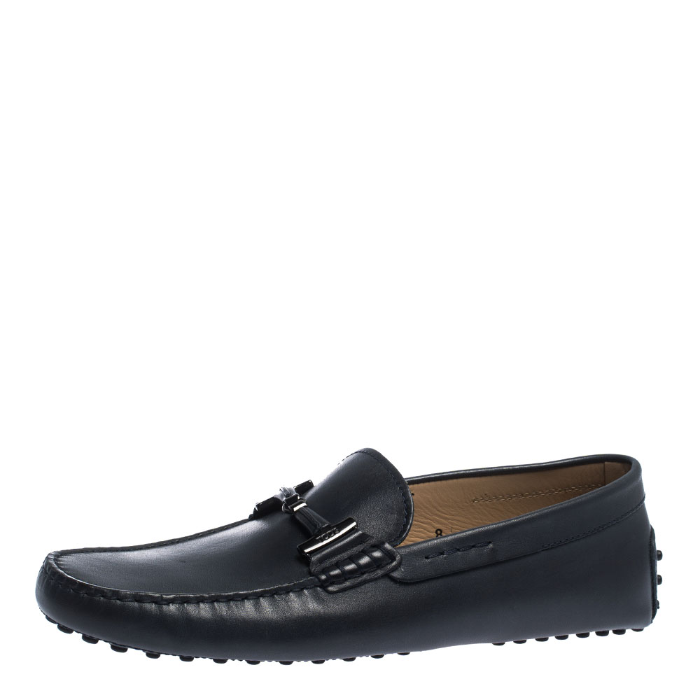 مملوكة مسبقًا Tod's Dark Grey Leather Double T Slip On Loafers Size 42