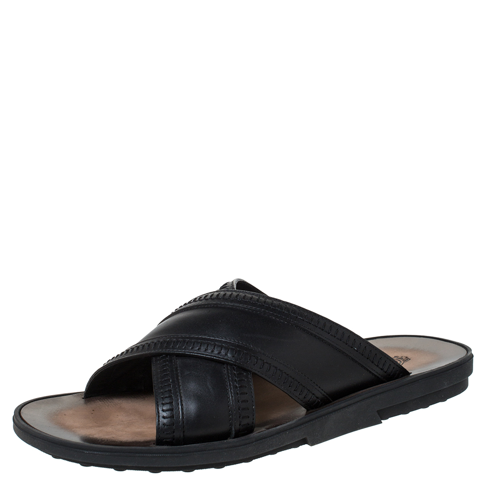 Tod's Black Leather Crossed Strap Slider Sandals Size 41.5