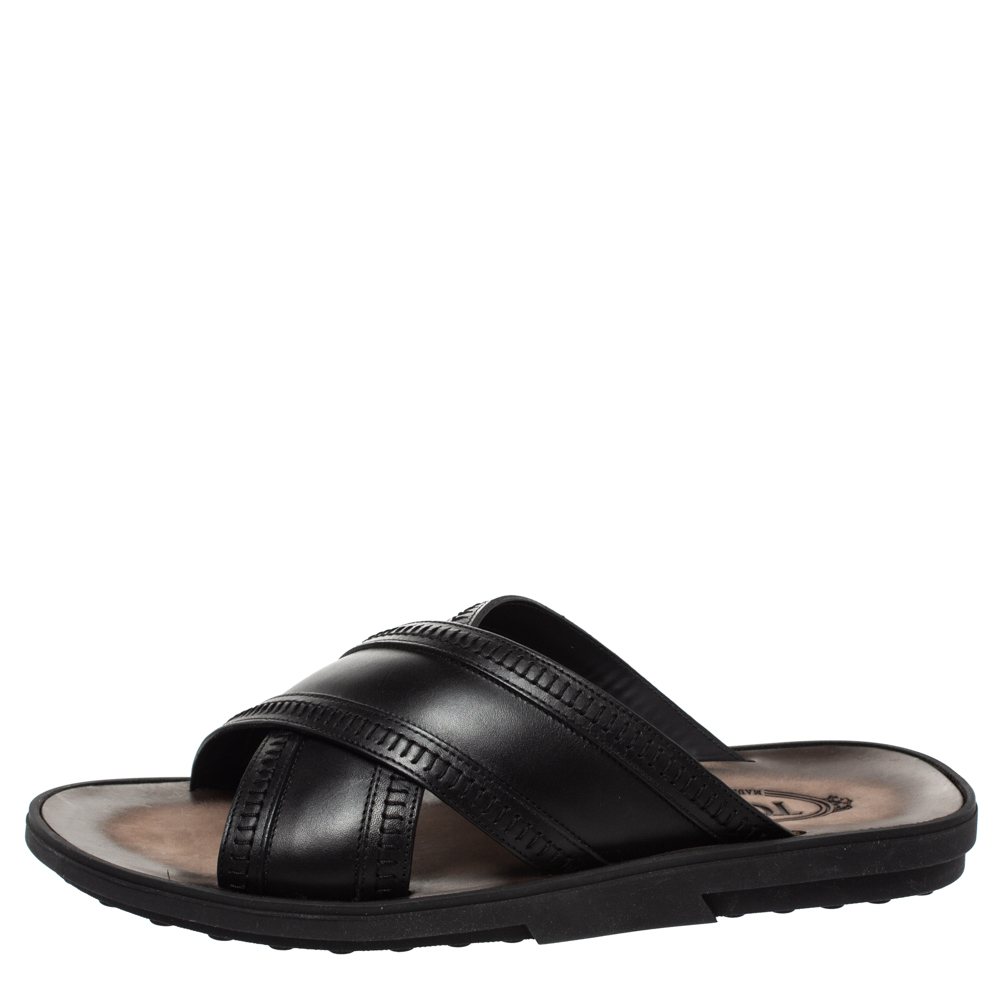 

Tod's Black Leather Cross Strap Flat Sandals Size