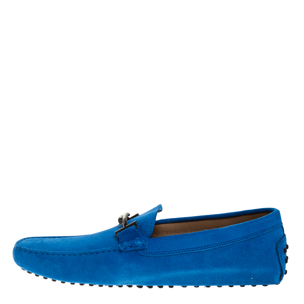 

Tod's Blue Suede Leather Double T Slip On Loafers Size