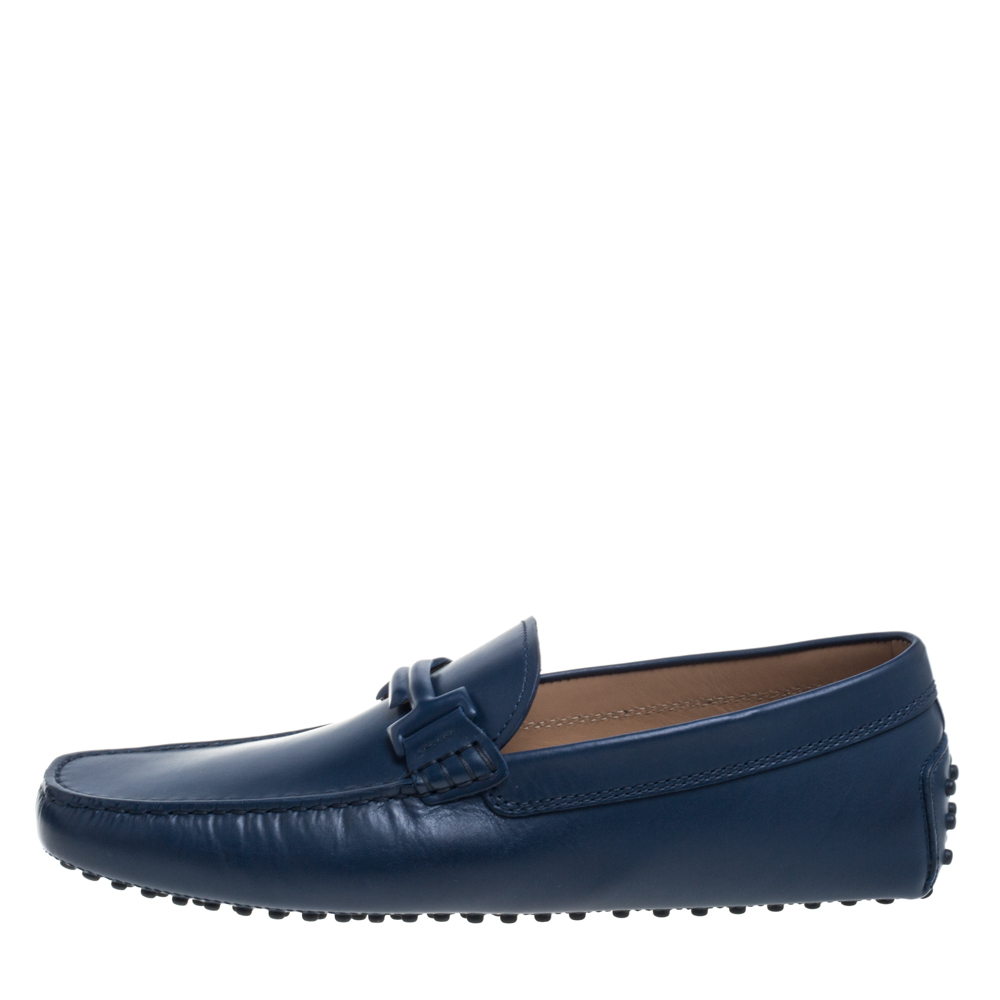 

Tod's Blue Leather Gommino Double T Slip On Loafers Size