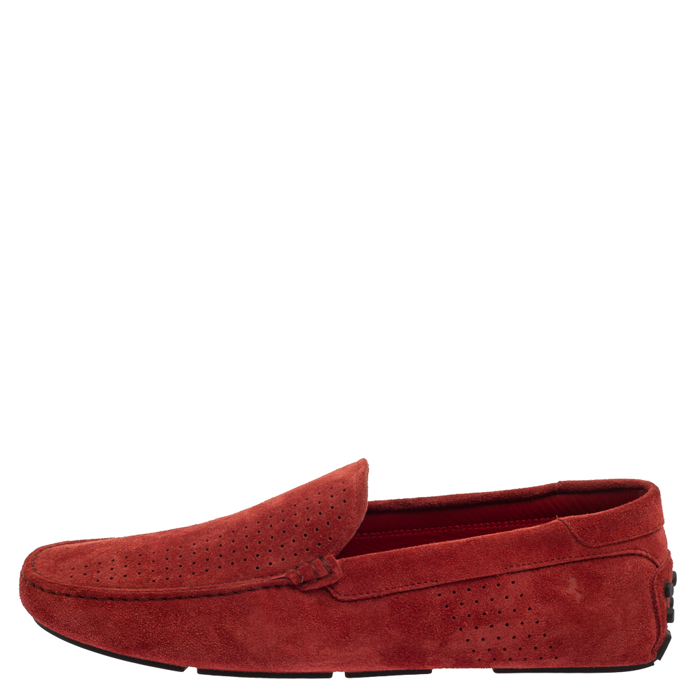 

Tod's For Ferrari Red Perforated Suede Gommino Slip On Loafers
