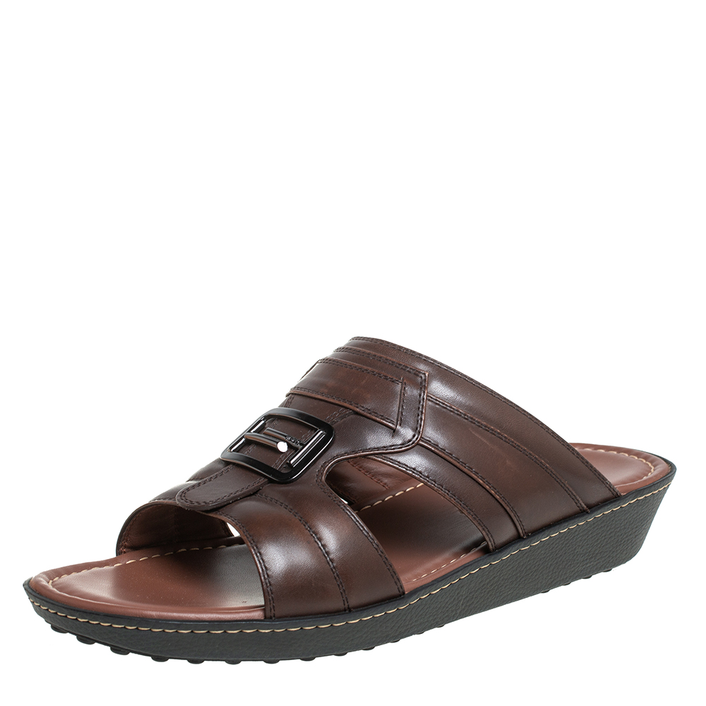 Pre-owned Tod's Brown Leather Slide Sandals Size 42.5
