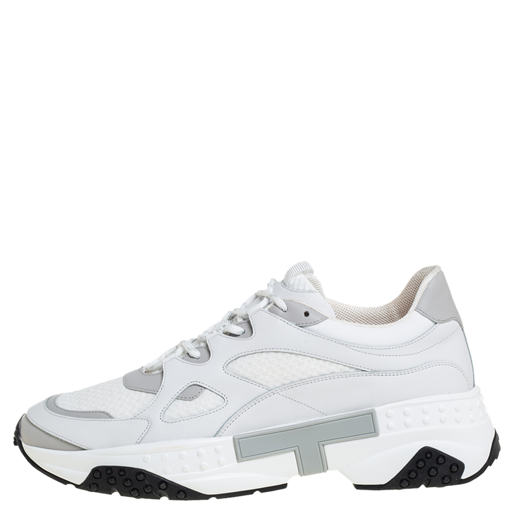 

Tod's White/Grey Leather and Mesh Lace Up Sneakers Size