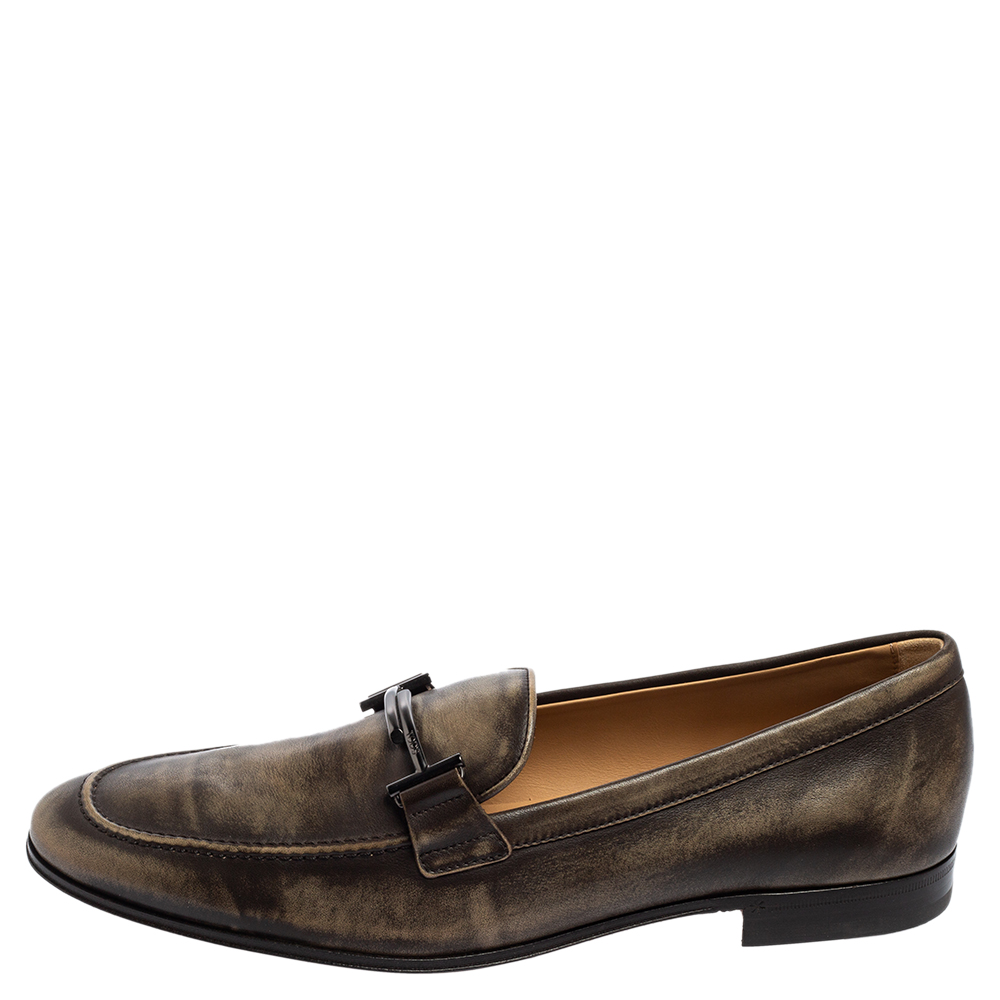 

Tod's Dark Green Leather TT Slip on Loafers Size