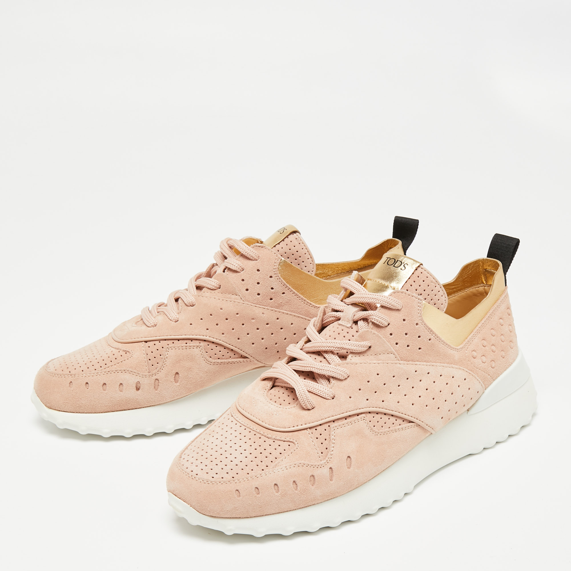

Tod's Pink Trimmed Perforated Suede And Leather Lace Up Sneakers Size