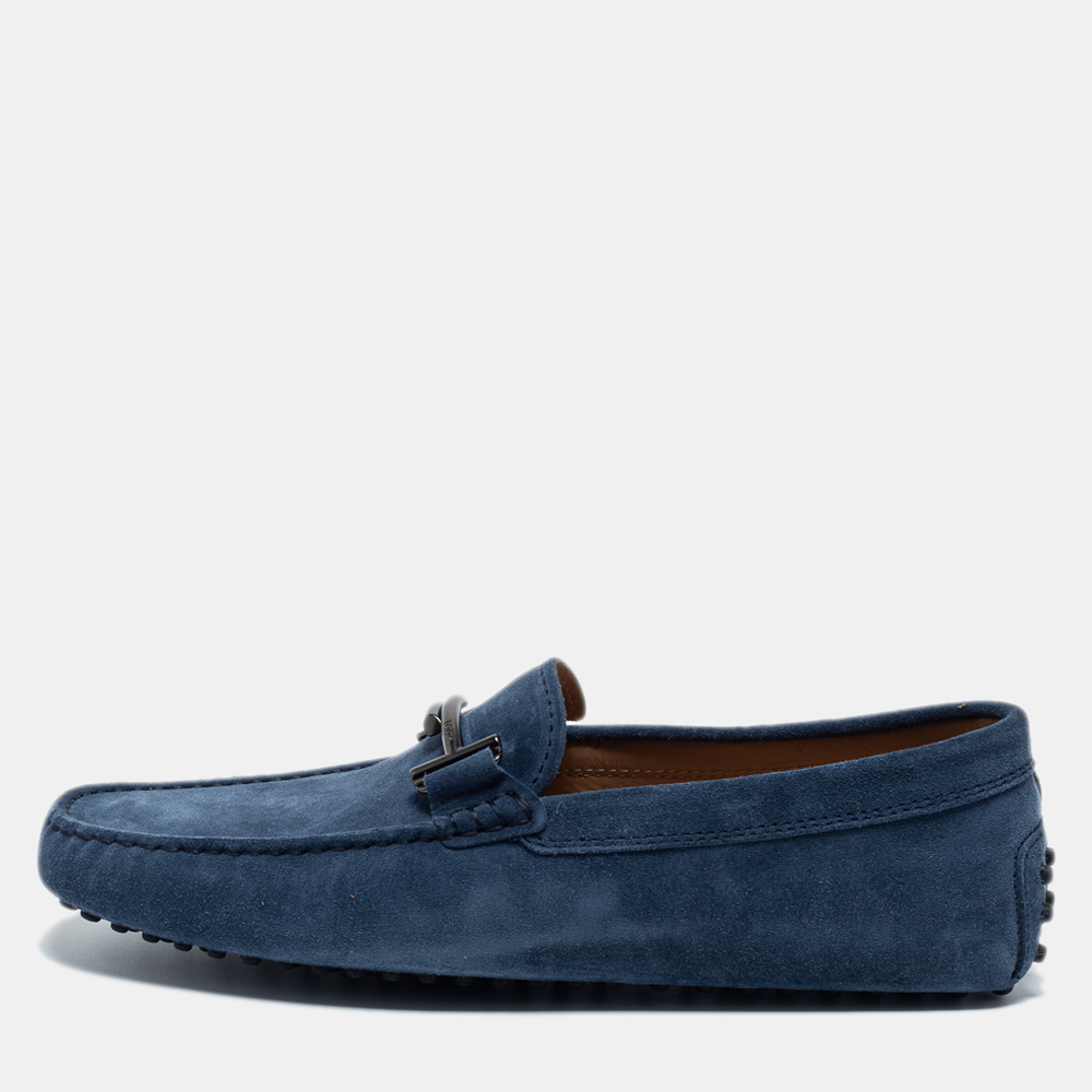 مملوكة مسبقًا Tod's Navy Blue Suede Double T Slip On Loafers Size 41.5