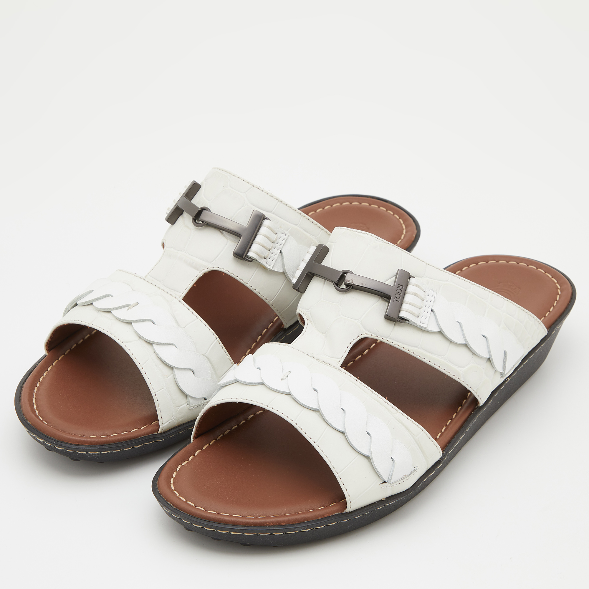 

Tod's White Croc Embossed Leather Slide Sandals Size