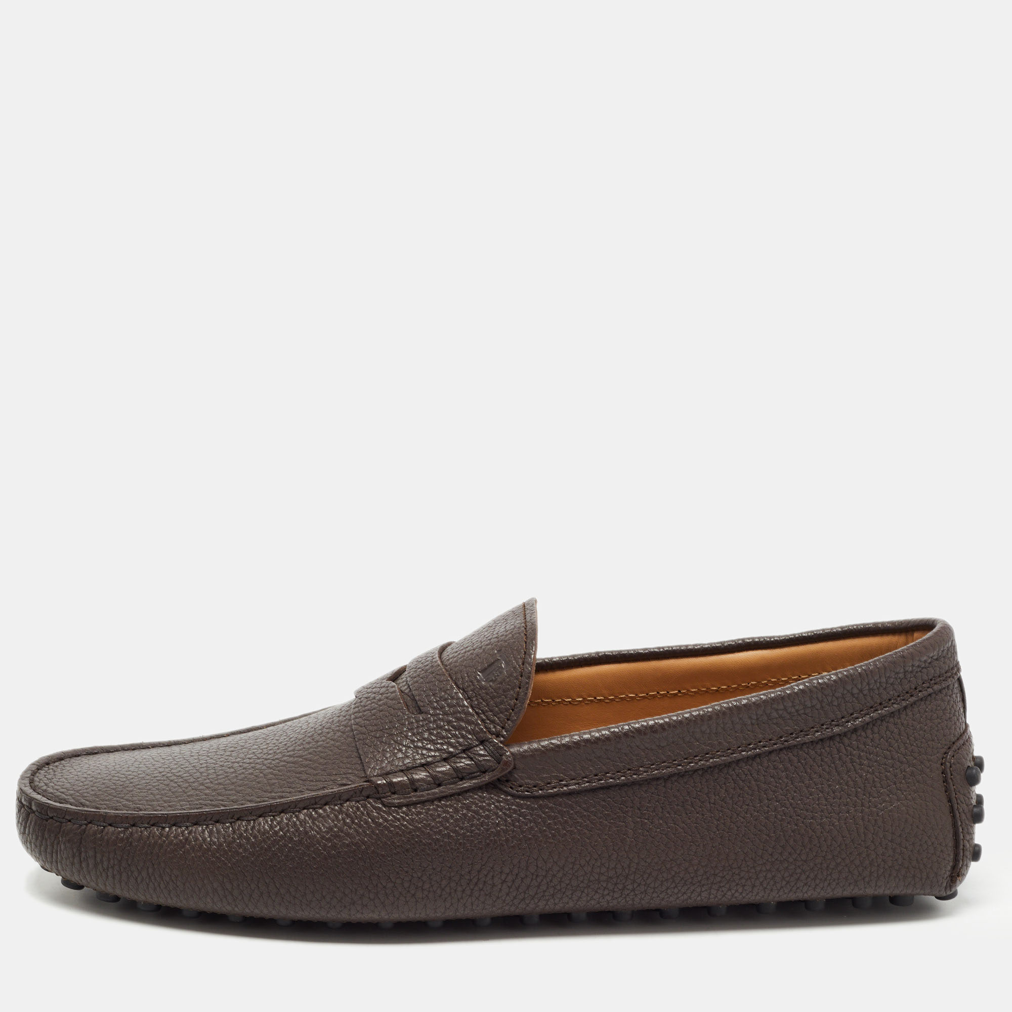 Pre Owned Tod's Dark Brown Leather Gommino Penny Slip On Loafers Size 45