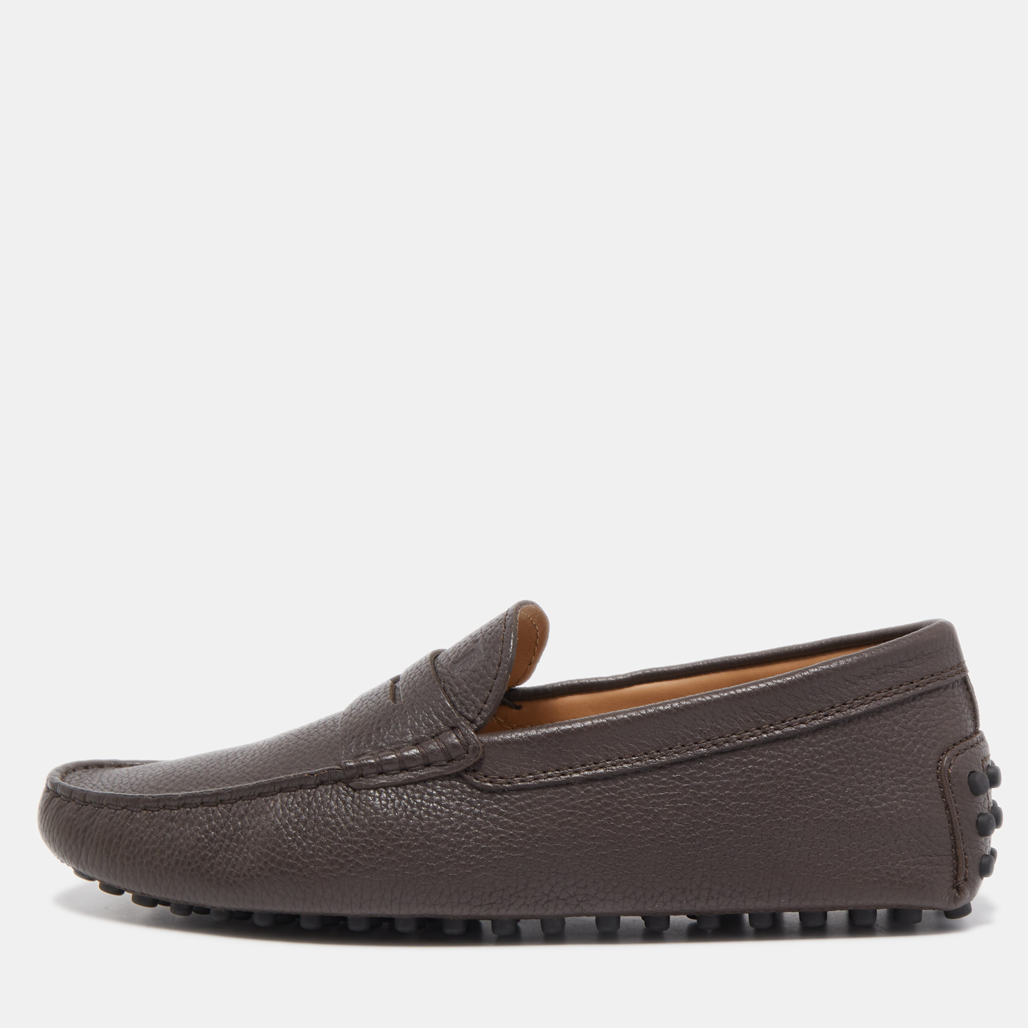 Pre-owned Tod's Dark Brown Leather Gommino Penny Slip On Loafers Size 41