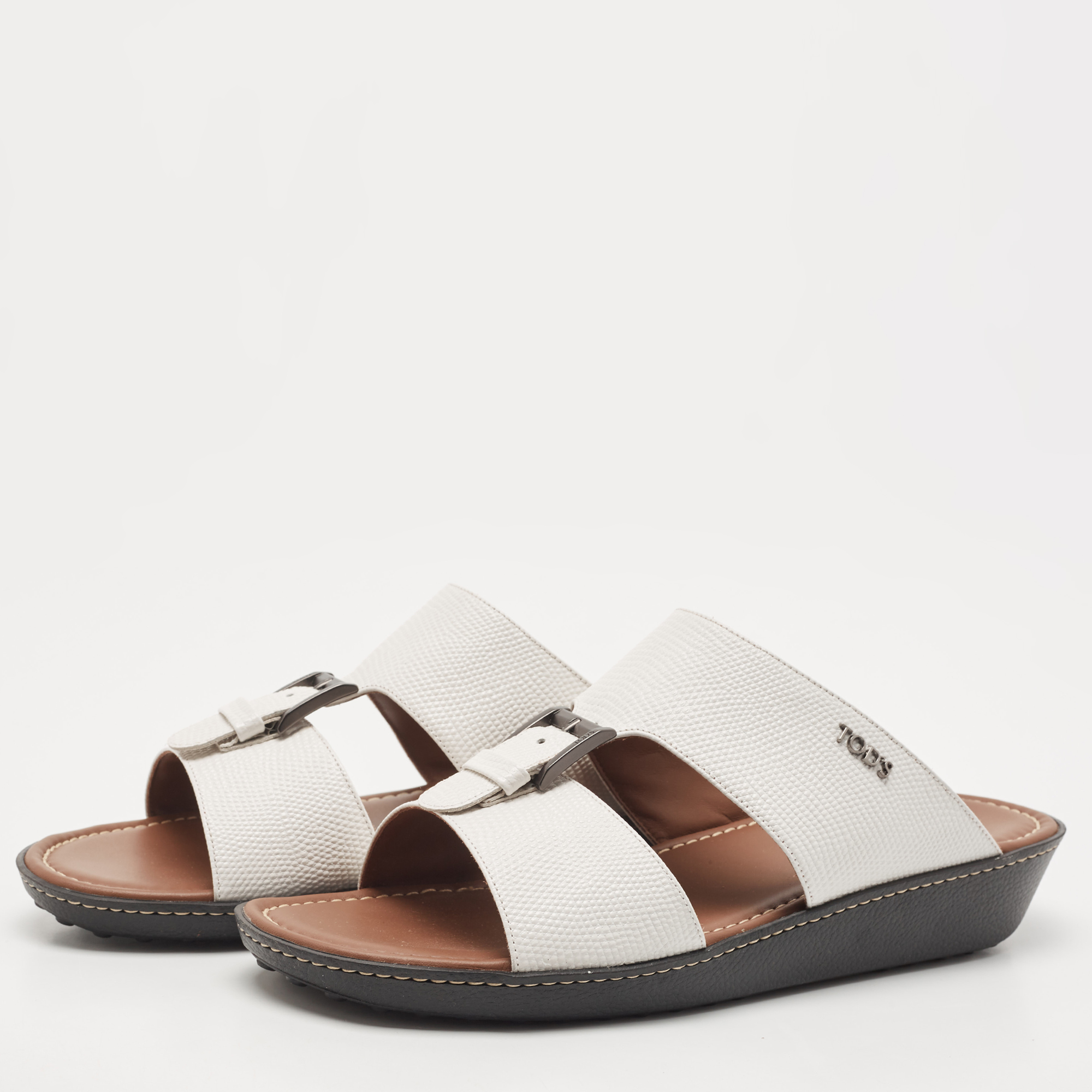 

Tod's White Lizard Embossed Leather Buckle Detail Slide Sandals Size