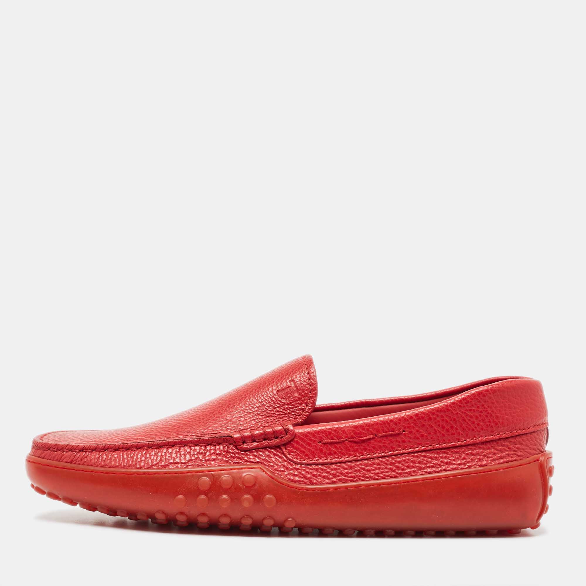 Pre-owned Tod's Red Leather Slip On Loafers Size 41