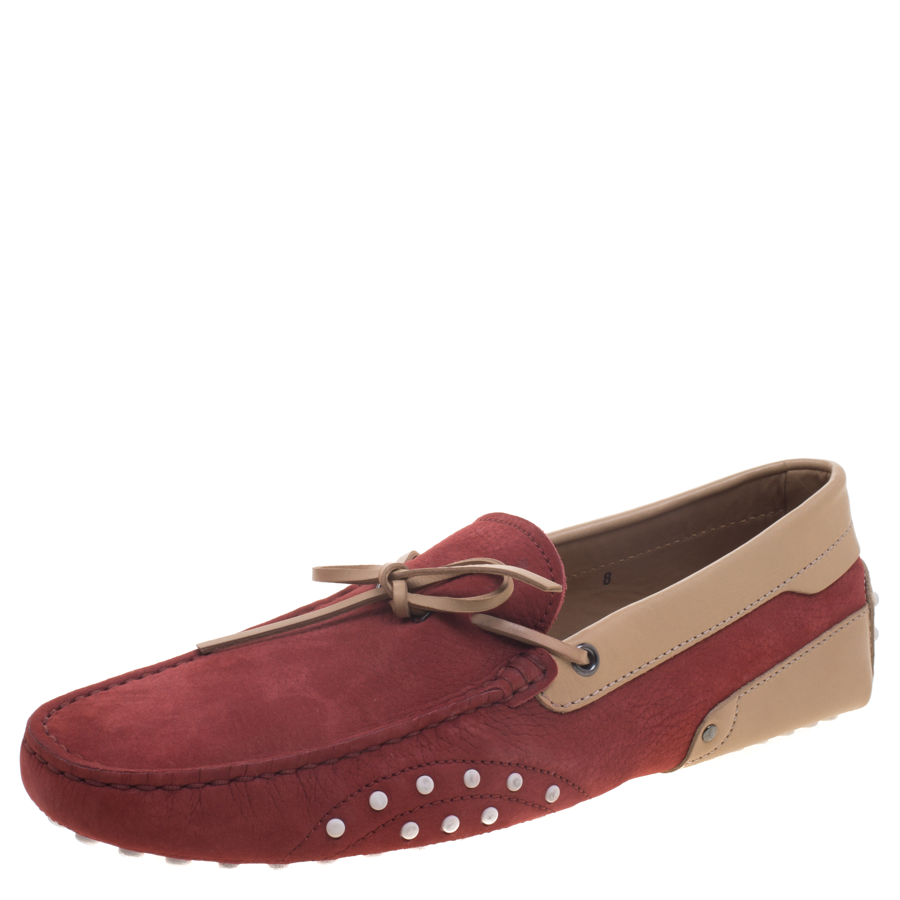 Pre Owned Tod's For Ferrari Red And Beige Leather Bow Loafers Size 42