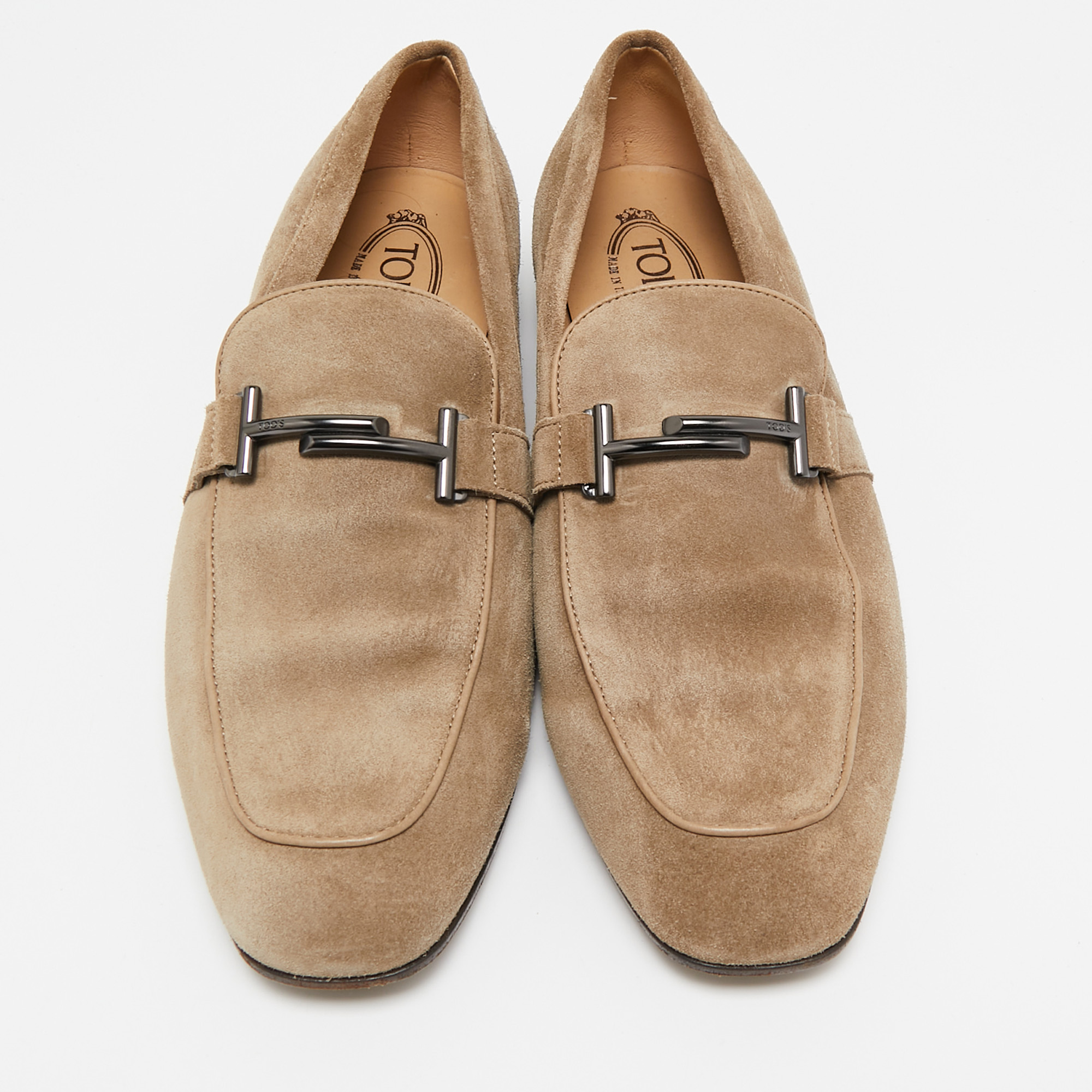 Tod`s Beige Suede Double T Slip On Loafers Size 44.5 