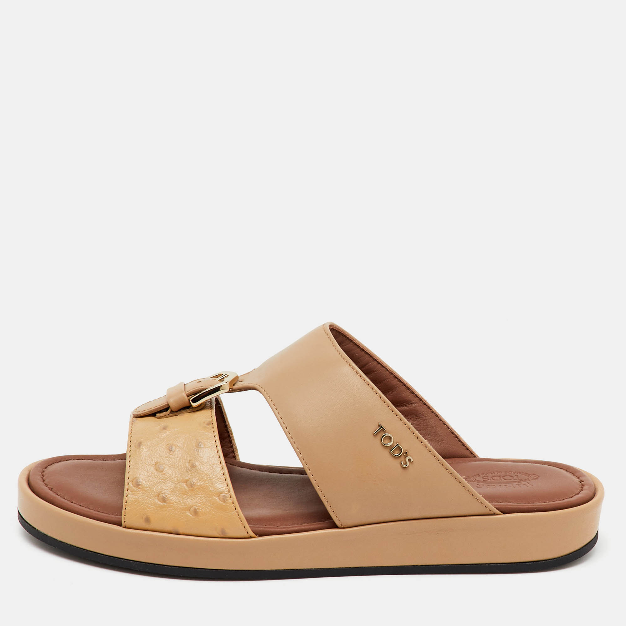 

Tod's Beige Ostrich Embossed Leather and Leather Arabic Sandals Size