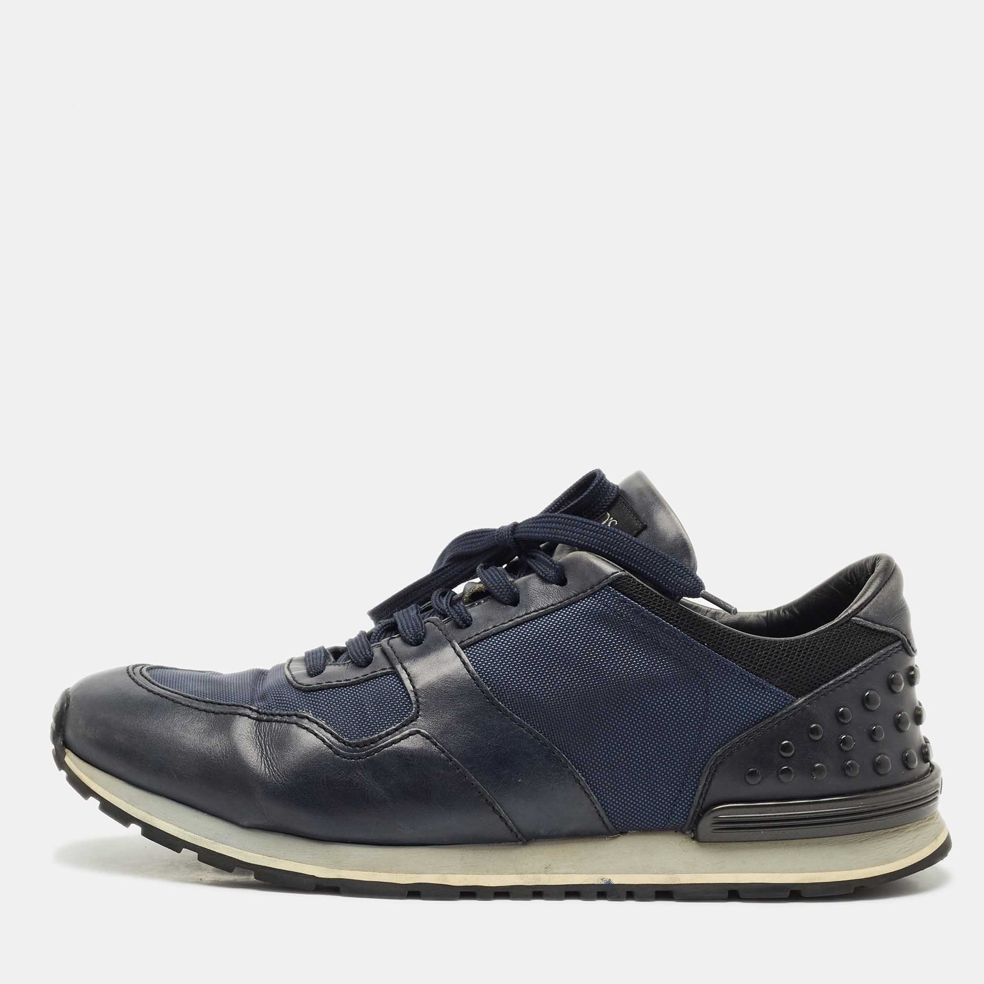 

Tod's Black/Blue Leather and Neoprene Low Top Sneakers Size 44.5, Navy blue