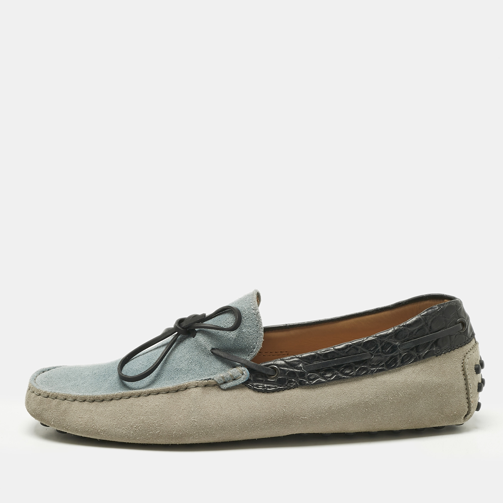 

Tod's Tricolor Crocodile Leather and Suede Loafers Size 44.5, Grey